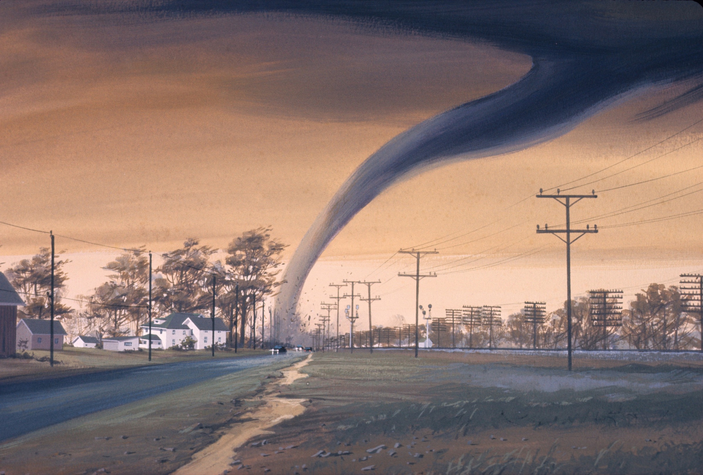 Painted illustration of a tornado approaching a rural town