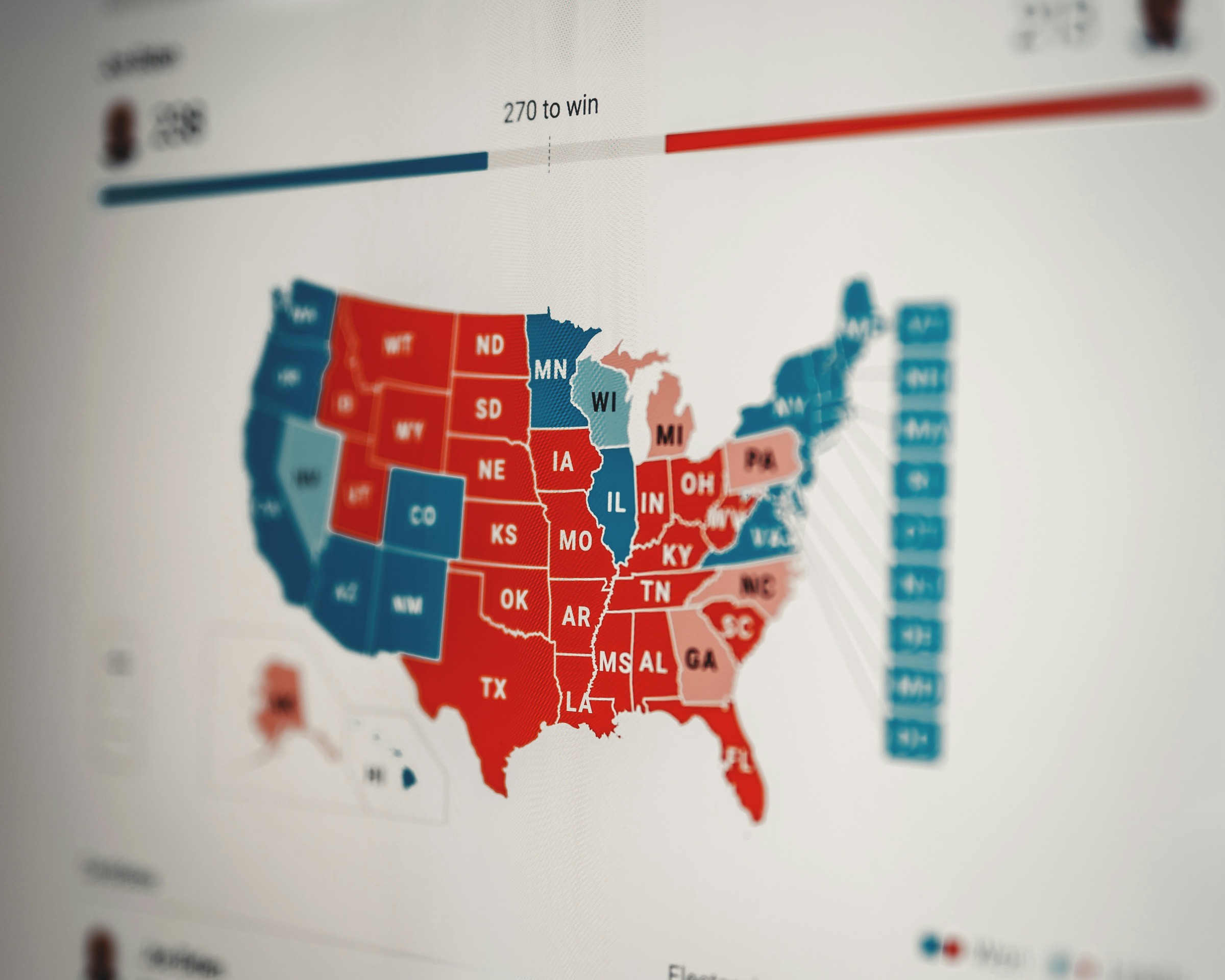 US electoral map with 270-to-win projection bar