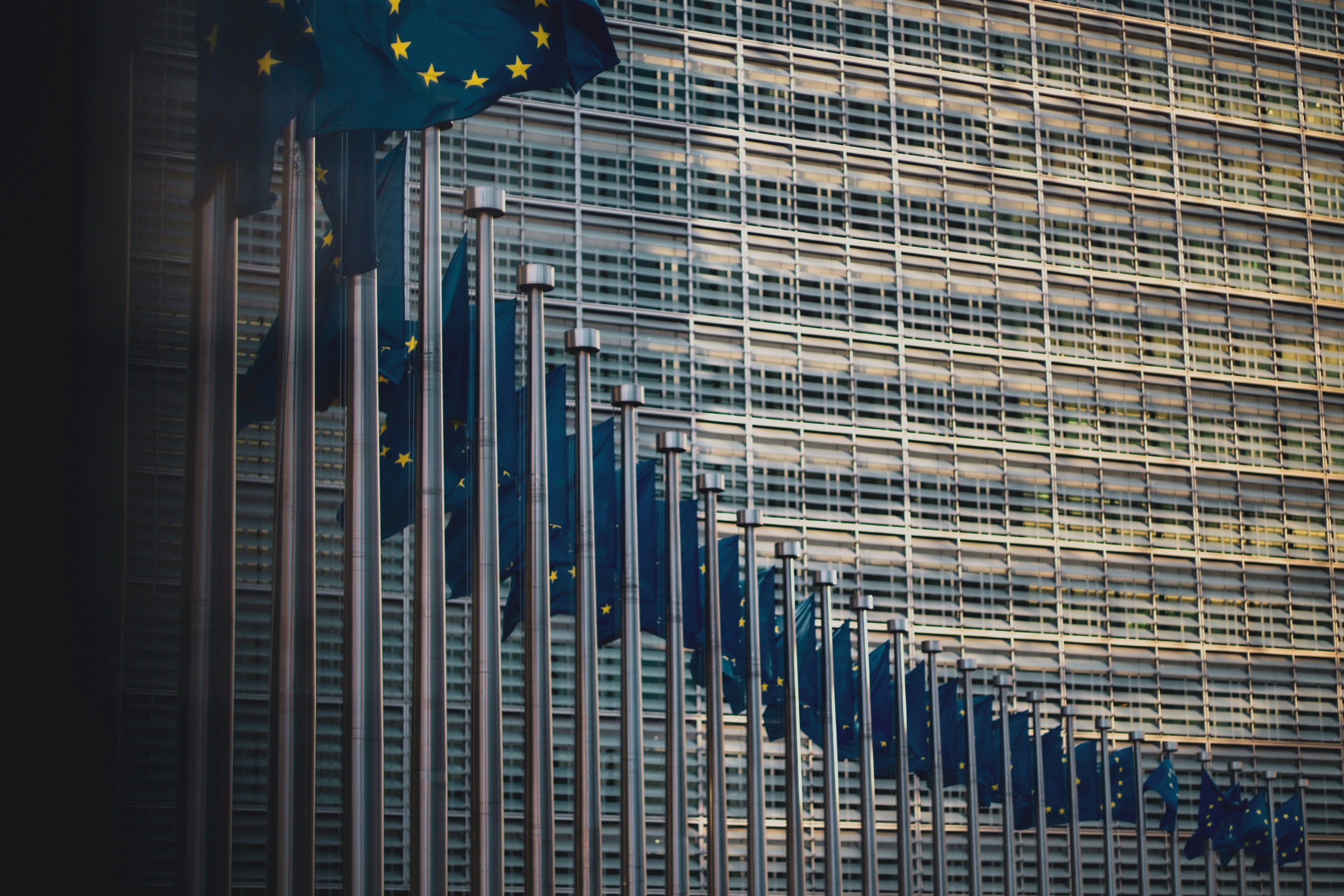 European Union flags in front of the Berlaymont building, Brussels