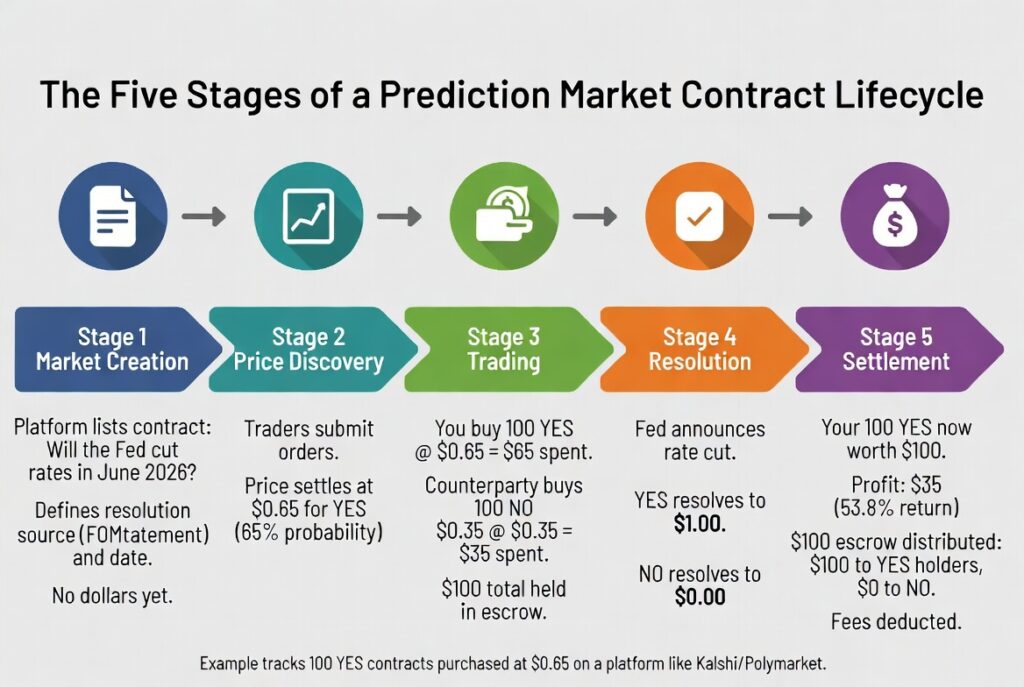 Five stages diagram of a prediction market contract lifecycle