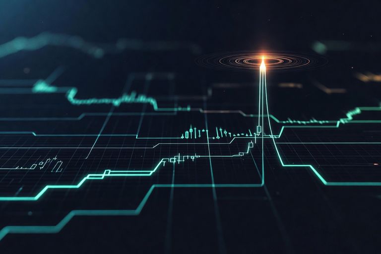 Stylized prediction market price lines with one line spiking into a glowing alert ripple